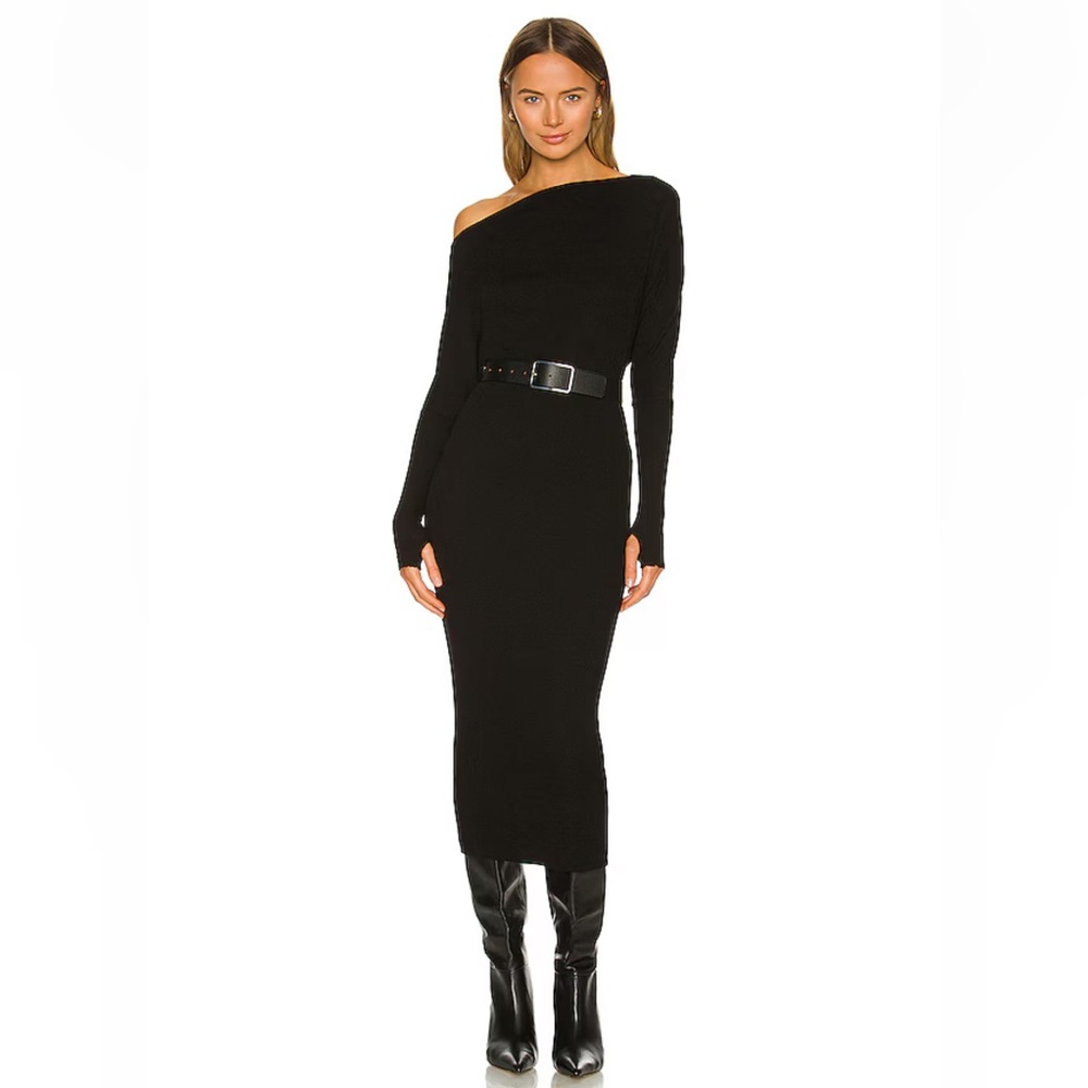 Enza Costa Black Ribbed Knit Asymmetric Neck Long Sleeve Sweater Midi Dress XS